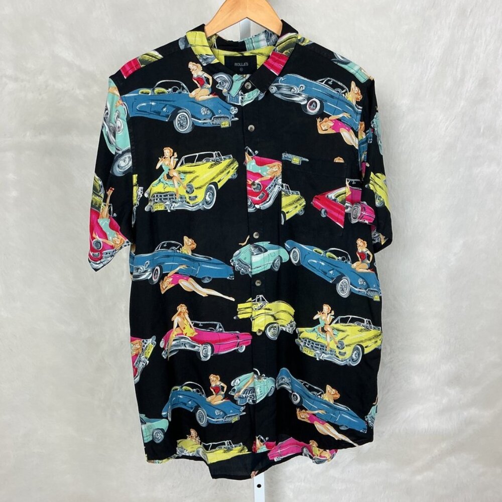 Rolla's Men's Bon Wheels Black Classic Car, Pinup Short Sleeve Camp Shirt NWT XL